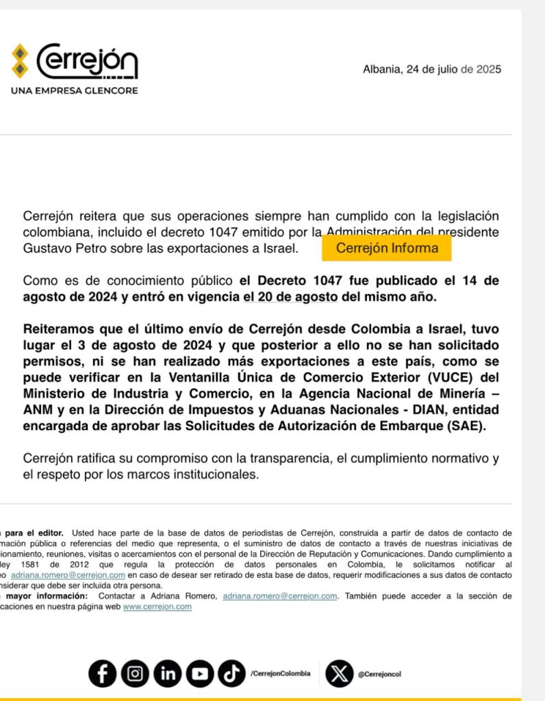 Cerrejón reitera que sus operaciones siempre han cumplido con la legislación Colombiana